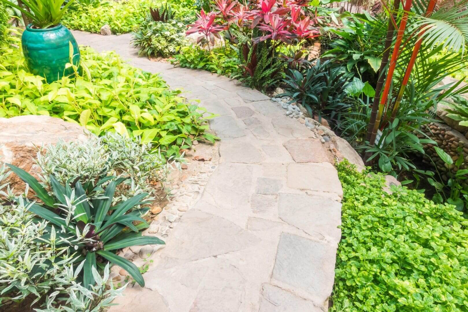 Curved stone pathway surrounded by vibrant garden plants.